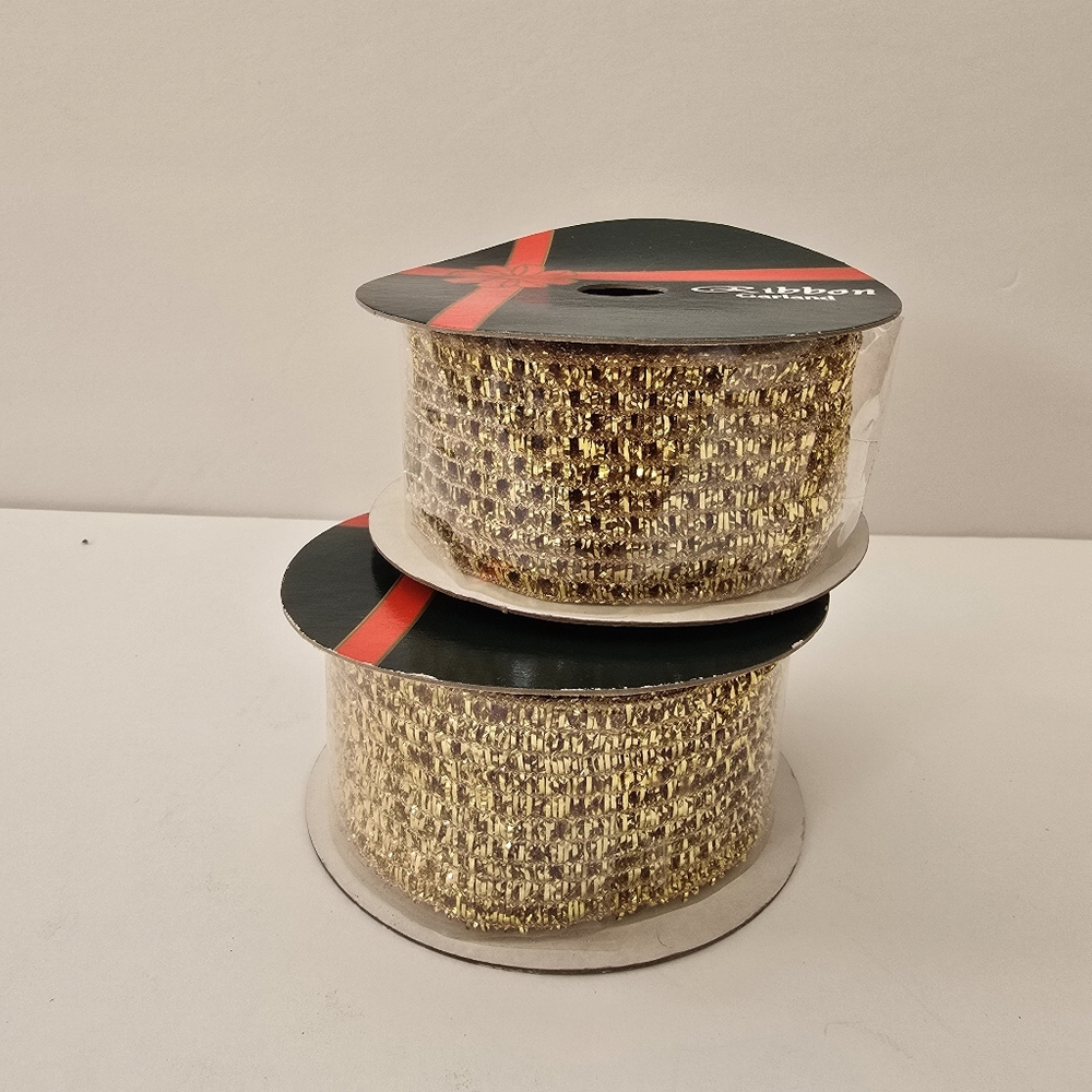 Set Of 2 Vintage Gold Glitter Ribbon Spools Christmas Decor